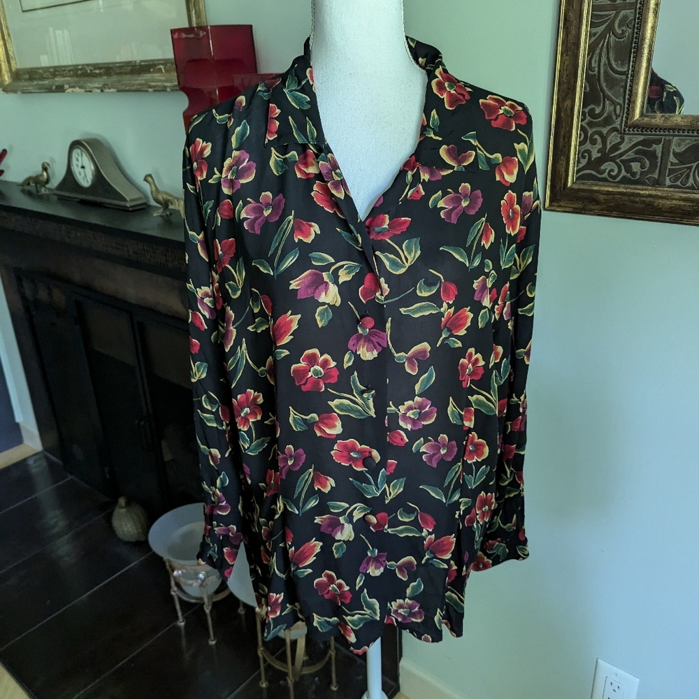 Vintage 90s Jones New York Women's Large Long Sleeve Button Up Floral Blouse 183